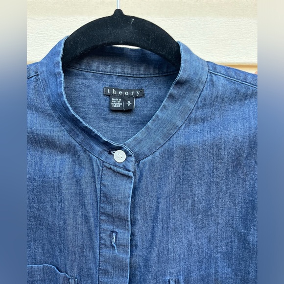 Theory blue denim-like long-sleeved button down shirt,side slits,chest pockets S - Picture 3 of 11